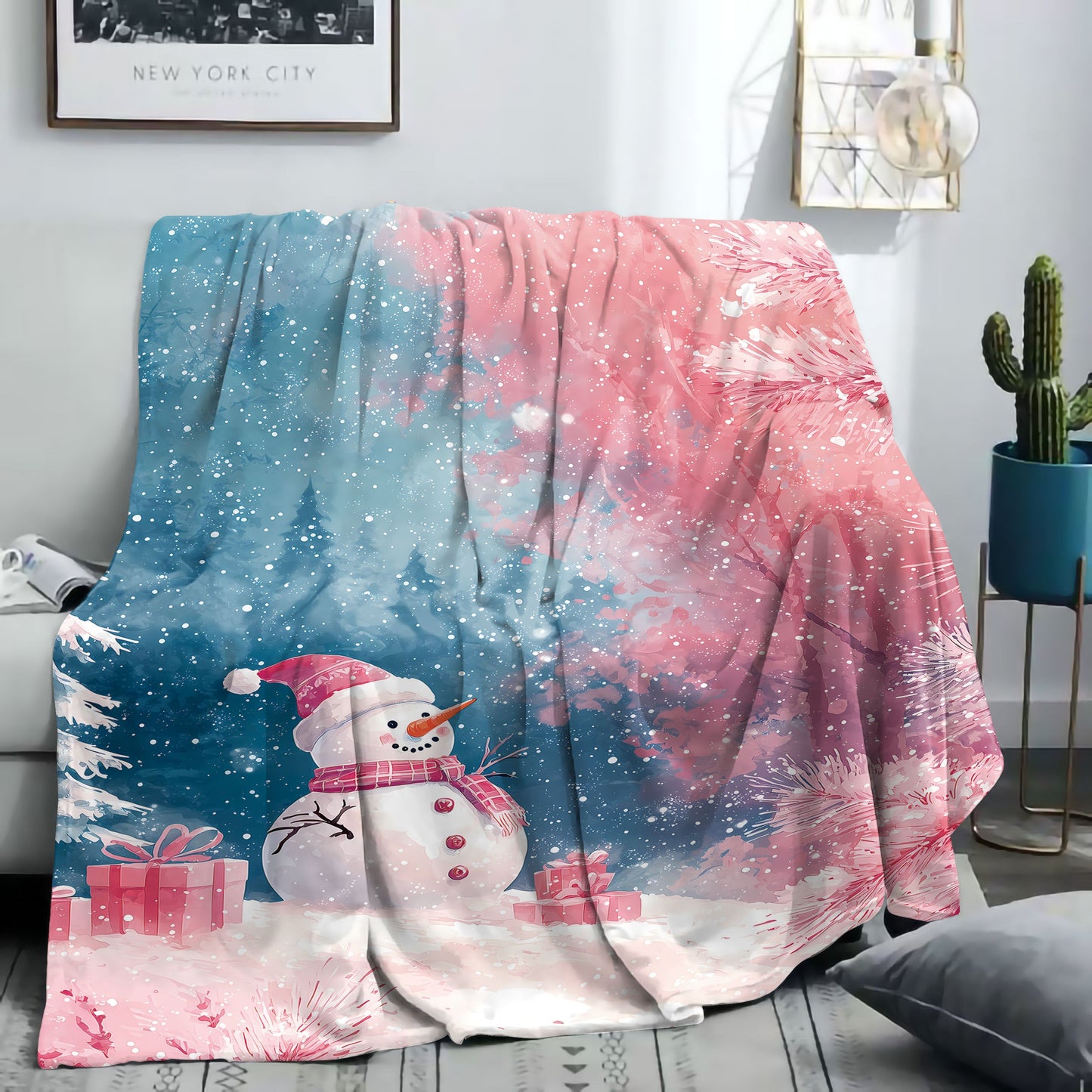 Stay warm and cozy with this stylish Mid-Century Modern Christmas throw blanket featuring snowmen, presents, and trees. Made from soft polyester flannel, this knitted blanket is perfect for all seasons and can be used on your bed, sofa, in the office, or