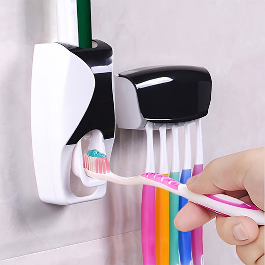 Wall-Mounted Toothpaste Dispenser and Toothbrush Holder Set, ideal for Home and Travel, White/Black.