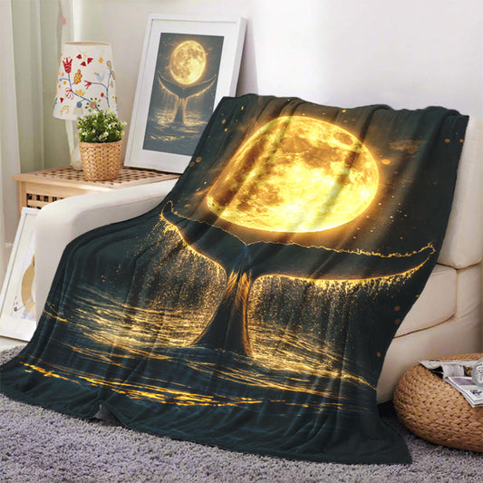 Soft flannel digital print quilt featuring a whale tail moon design. Made of polyester, this fantasy glam style throw blanket provides all-purpose comfort for use at home, in the office, or during travel. Perfect for gifting, this machine washable