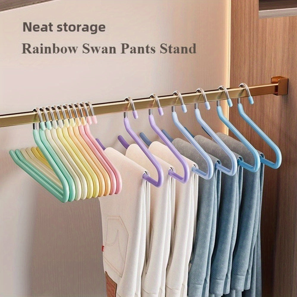 Durable Rainbow Swan Pants Hangers Set of 10 - Non-Slip, Space-Saving Clothes Rack for Home & Dorms, Easy Pull Design, Made with Stainless Steel