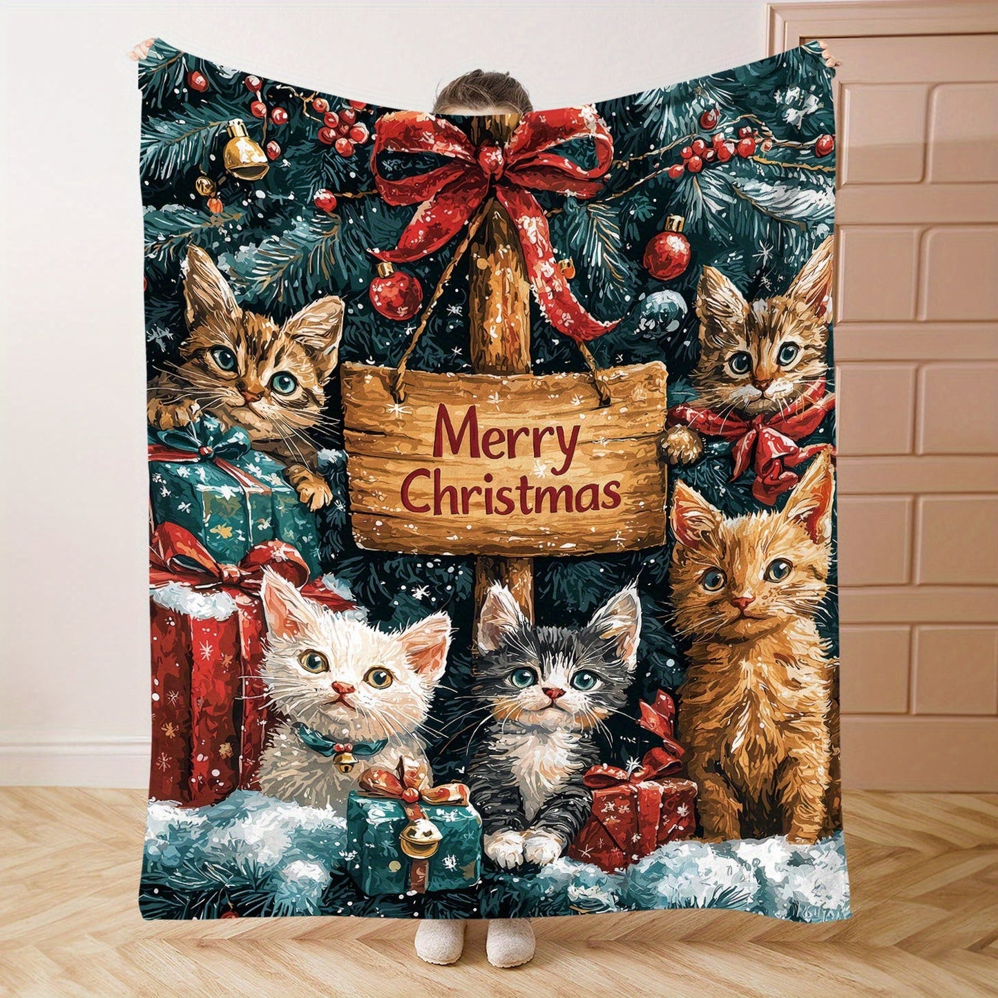 Stay cozy this holiday season with our 1-piece Christmas Cats Flannel Blanket. Made of 200-250g polyester, this mid-century style blanket features a digital print of festive cats. The soft knit throw is perfect for bed, sofa, office, or camping and can