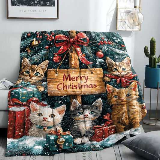 Stay cozy this holiday season with our 1-piece Christmas Cats Flannel Blanket. Made of 200-250g polyester, this mid-century style blanket features a digital print of festive cats. The soft knit throw is perfect for bed, sofa, office, or camping and can