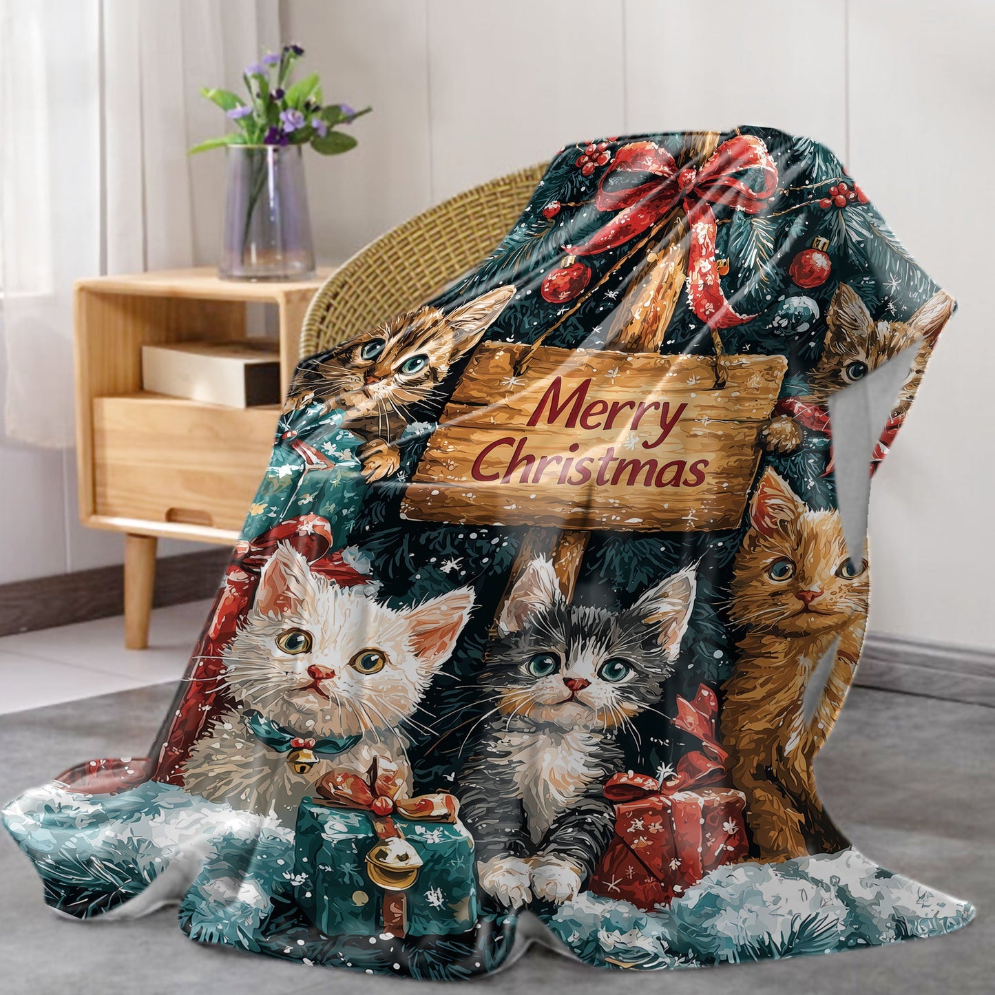 Stay cozy this holiday season with our 1-piece Christmas Cats Flannel Blanket. Made of 200-250g polyester, this mid-century style blanket features a digital print of festive cats. The soft knit throw is perfect for bed, sofa, office, or camping and can