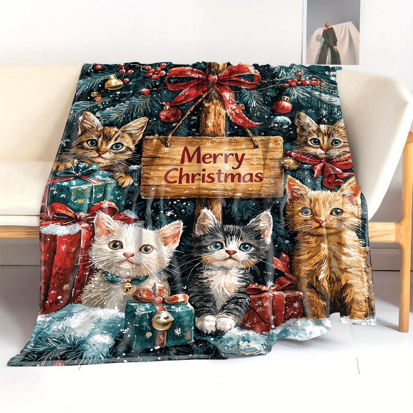 Stay cozy this holiday season with our 1-piece Christmas Cats Flannel Blanket. Made of 200-250g polyester, this mid-century style blanket features a digital print of festive cats. The soft knit throw is perfect for bed, sofa, office, or camping and can