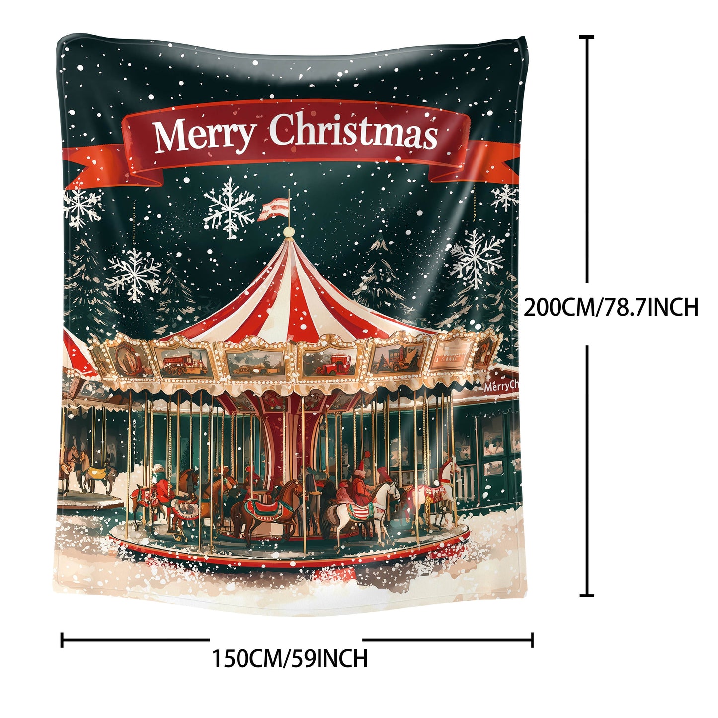 Mid-Century Carousel Merry Christmas Flannel Throw Blanket - Polyester Knit, Digital Print, Light and Cozy All-Season Sofa and Bed Cover, 200-250g Lightweight Warmth for Home, Office, and Camping