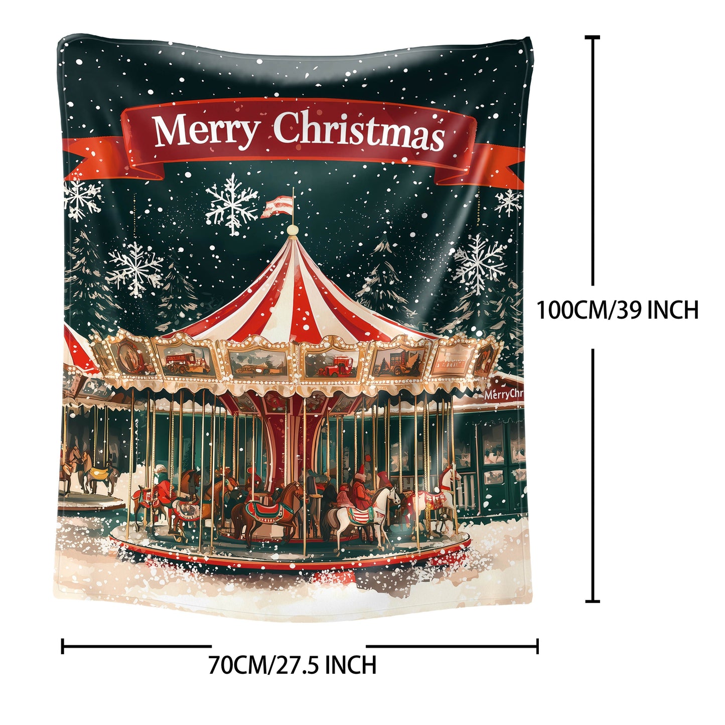 Mid-Century Carousel Merry Christmas Flannel Throw Blanket - Polyester Knit, Digital Print, Light and Cozy All-Season Sofa and Bed Cover, 200-250g Lightweight Warmth for Home, Office, and Camping