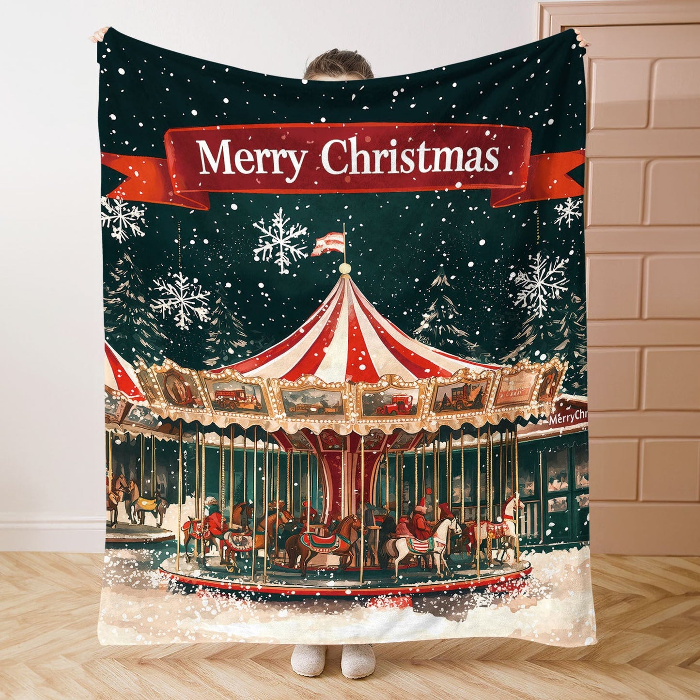 Mid-Century Carousel Merry Christmas Flannel Throw Blanket - Polyester Knit, Digital Print, Light and Cozy All-Season Sofa and Bed Cover, 200-250g Lightweight Warmth for Home, Office, and Camping