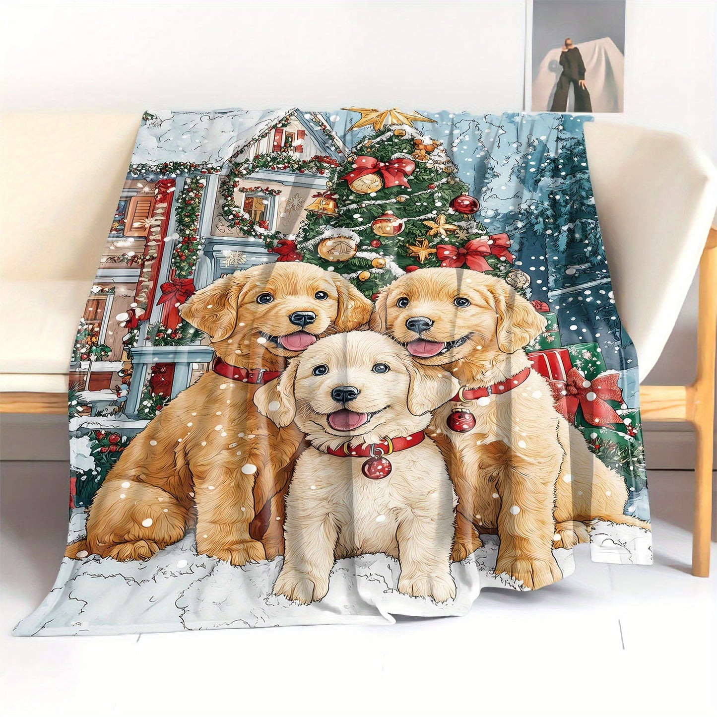 Christmas Puppy Flannel Throw Blanket - 1 piece, made from soft polyester knit with a digital print design. Suitable for all-season use, featuring a mid-century style. Made with 200-250g fabric, perfect for adding a cozy touch to your home, sofa, bed