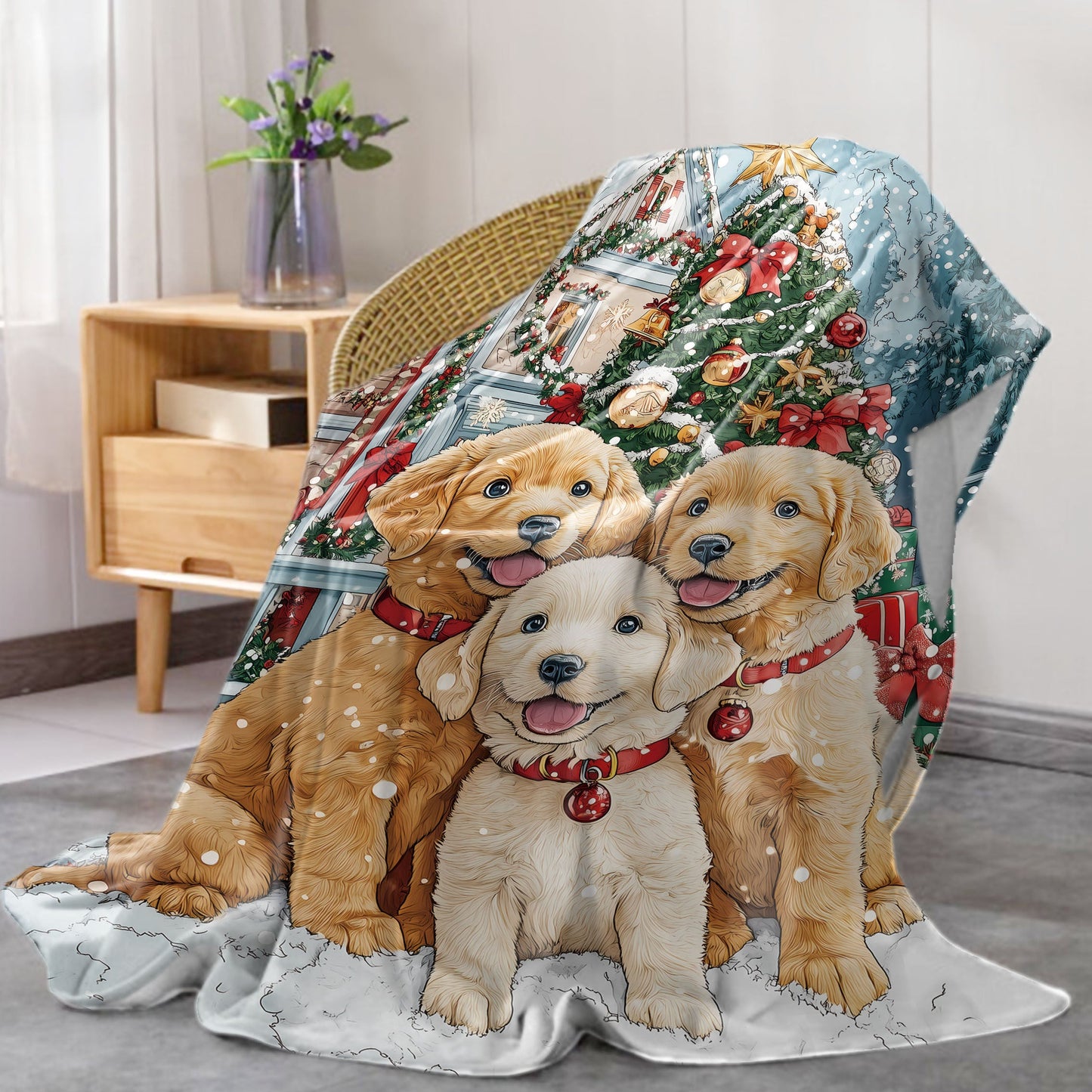 Christmas Puppy Flannel Throw Blanket - 1 piece, made from soft polyester knit with a digital print design. Suitable for all-season use, featuring a mid-century style. Made with 200-250g fabric, perfect for adding a cozy touch to your home, sofa, bed