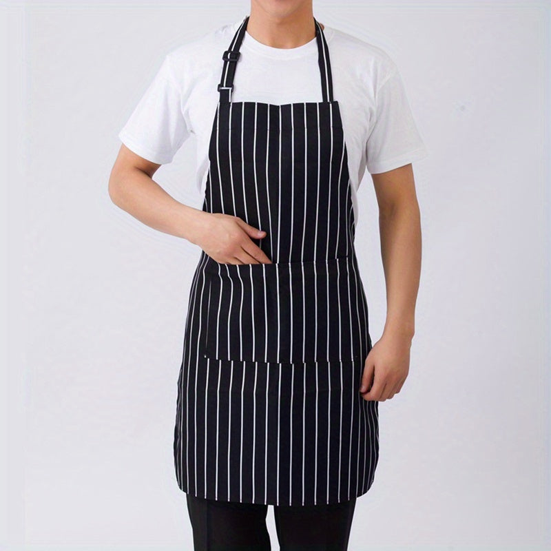 [Customer Favorite] Stylish Half-Length Adult Apron with Adjustable Straps, Striped Design for Chefs in Restaurants, Outdoor Activities, Camping, BBQs, and Picnics. Features 2 Convenient Pockets, Essential Kitchen Gear.