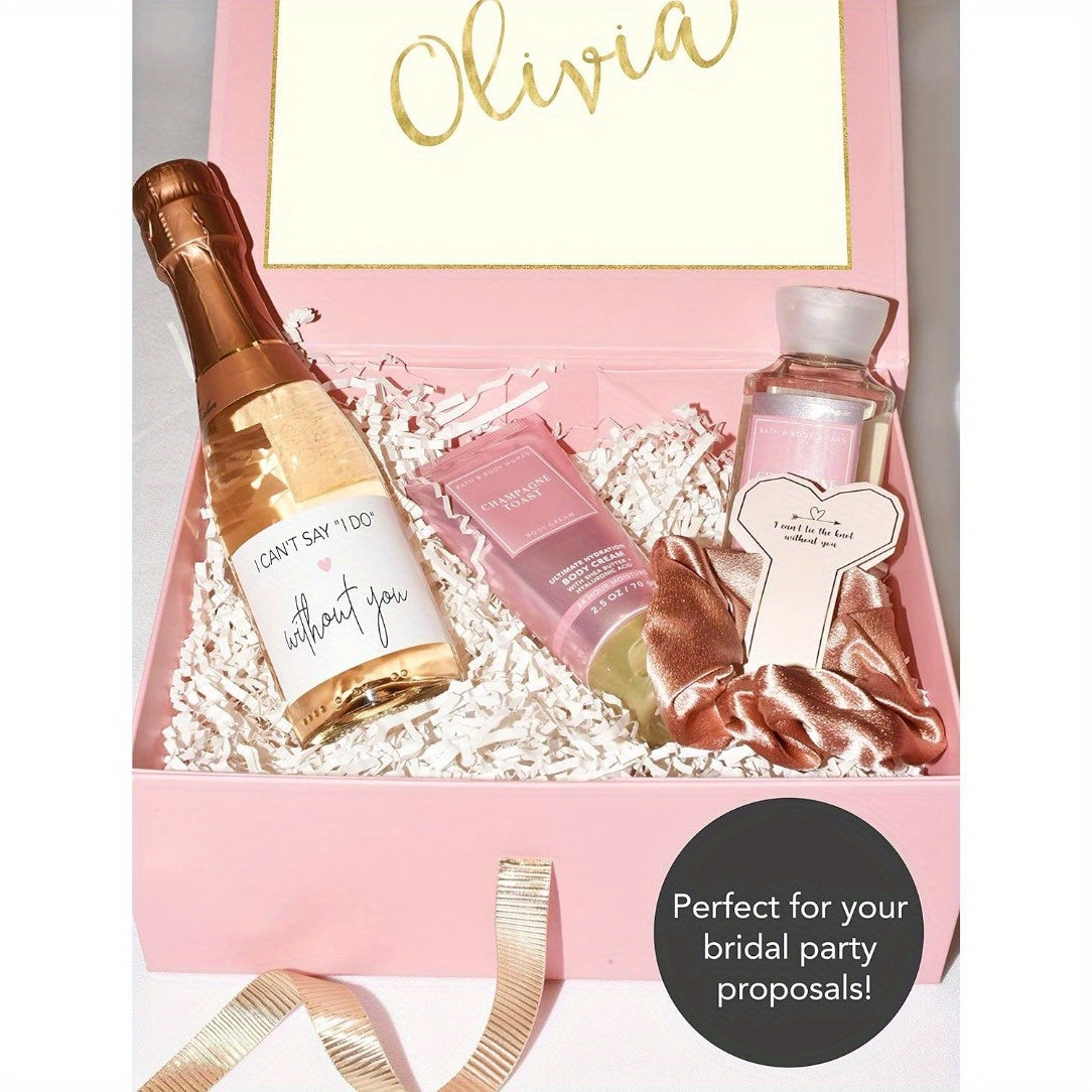 Bridesmaid mini champagne labels for bridal party proposal, ask maid of honor and groomsmen with bride tribe stickers.