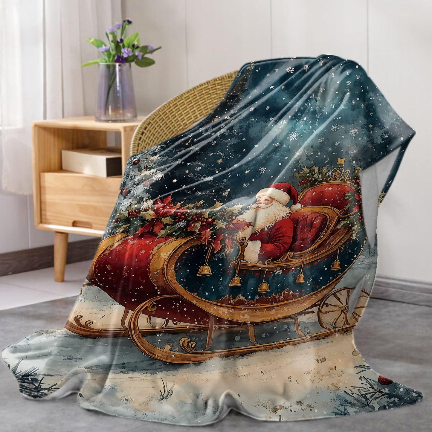 Stay warm and cozy with our Christmas-themed soft flannel throw blanket featuring Santa in his sleigh and a festive wreath design. Made with cozy polyester material, this knitted blanket is perfect for all seasons and provides comfort for use on your