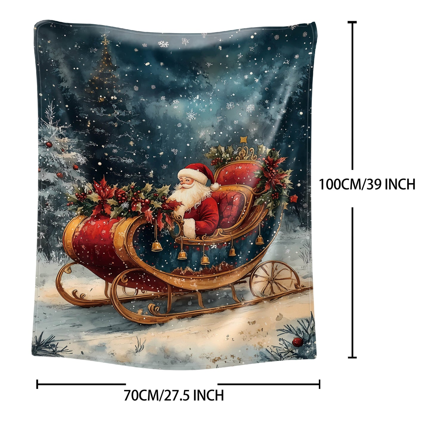 Stay warm and cozy with our Christmas-themed soft flannel throw blanket featuring Santa in his sleigh and a festive wreath design. Made with cozy polyester material, this knitted blanket is perfect for all seasons and provides comfort for use on your