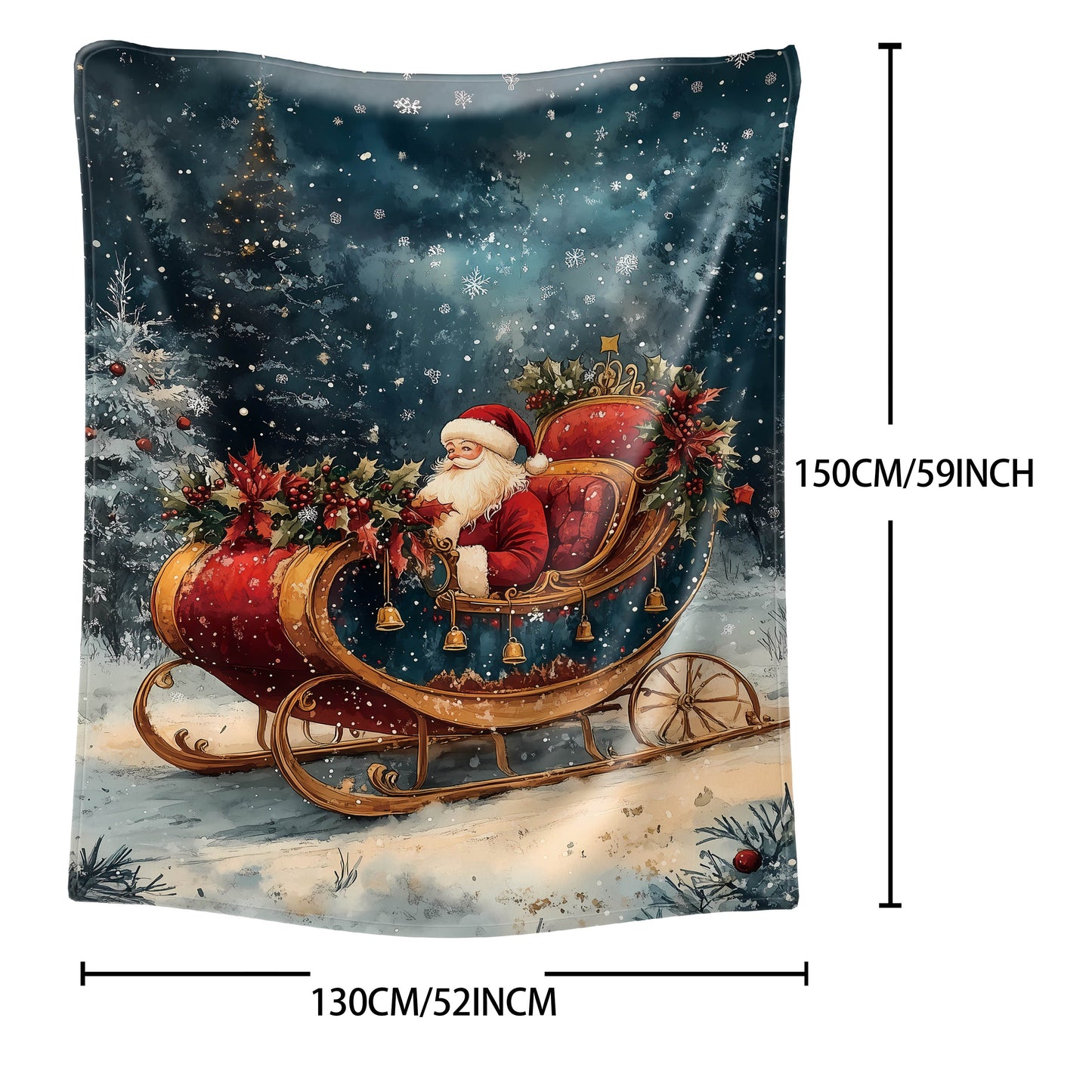 Stay warm and cozy with our Christmas-themed soft flannel throw blanket featuring Santa in his sleigh and a festive wreath design. Made with cozy polyester material, this knitted blanket is perfect for all seasons and provides comfort for use on your