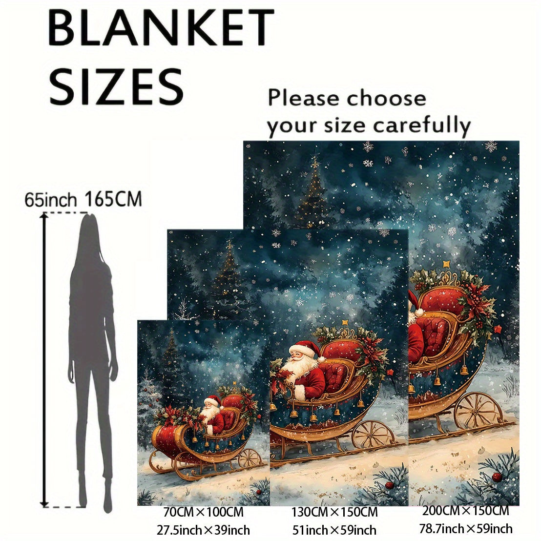 Stay warm and cozy with our Christmas-themed soft flannel throw blanket featuring Santa in his sleigh and a festive wreath design. Made with cozy polyester material, this knitted blanket is perfect for all seasons and provides comfort for use on your