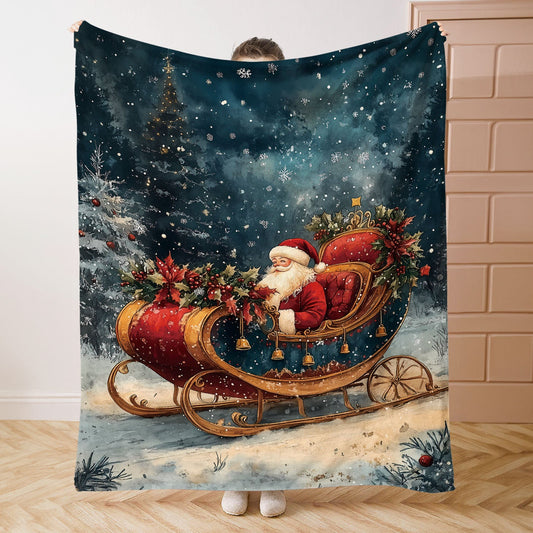 Stay warm and cozy with our Christmas-themed soft flannel throw blanket featuring Santa in his sleigh and a festive wreath design. Made with cozy polyester material, this knitted blanket is perfect for all seasons and provides comfort for use on your