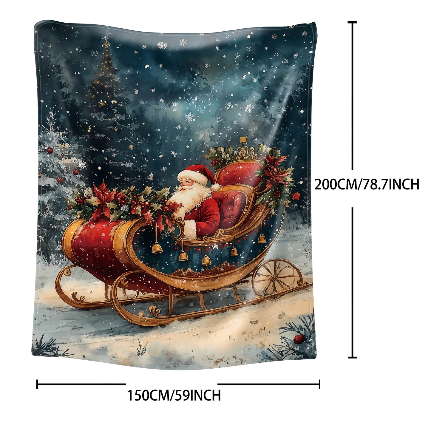 Stay warm and cozy with our Christmas-themed soft flannel throw blanket featuring Santa in his sleigh and a festive wreath design. Made with cozy polyester material, this knitted blanket is perfect for all seasons and provides comfort for use on your