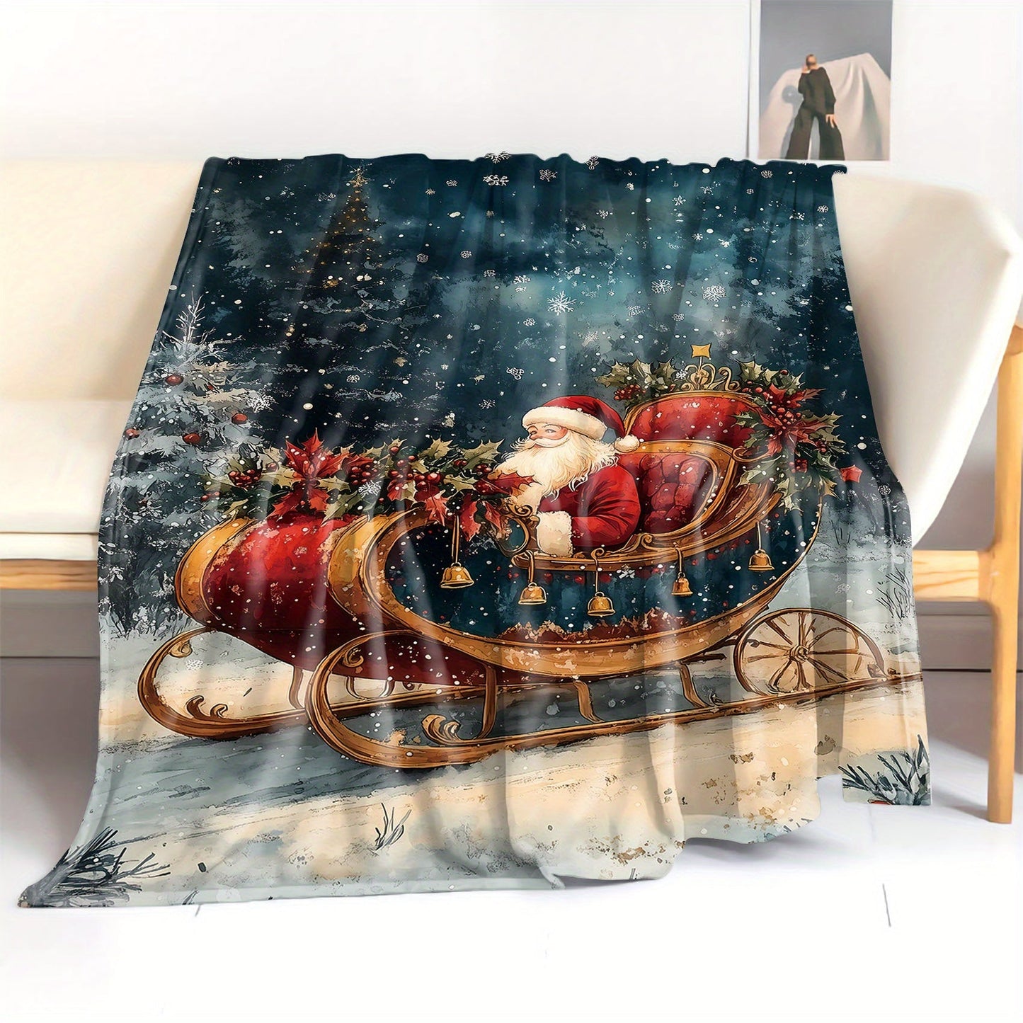 Stay warm and cozy with our Christmas-themed soft flannel throw blanket featuring Santa in his sleigh and a festive wreath design. Made with cozy polyester material, this knitted blanket is perfect for all seasons and provides comfort for use on your