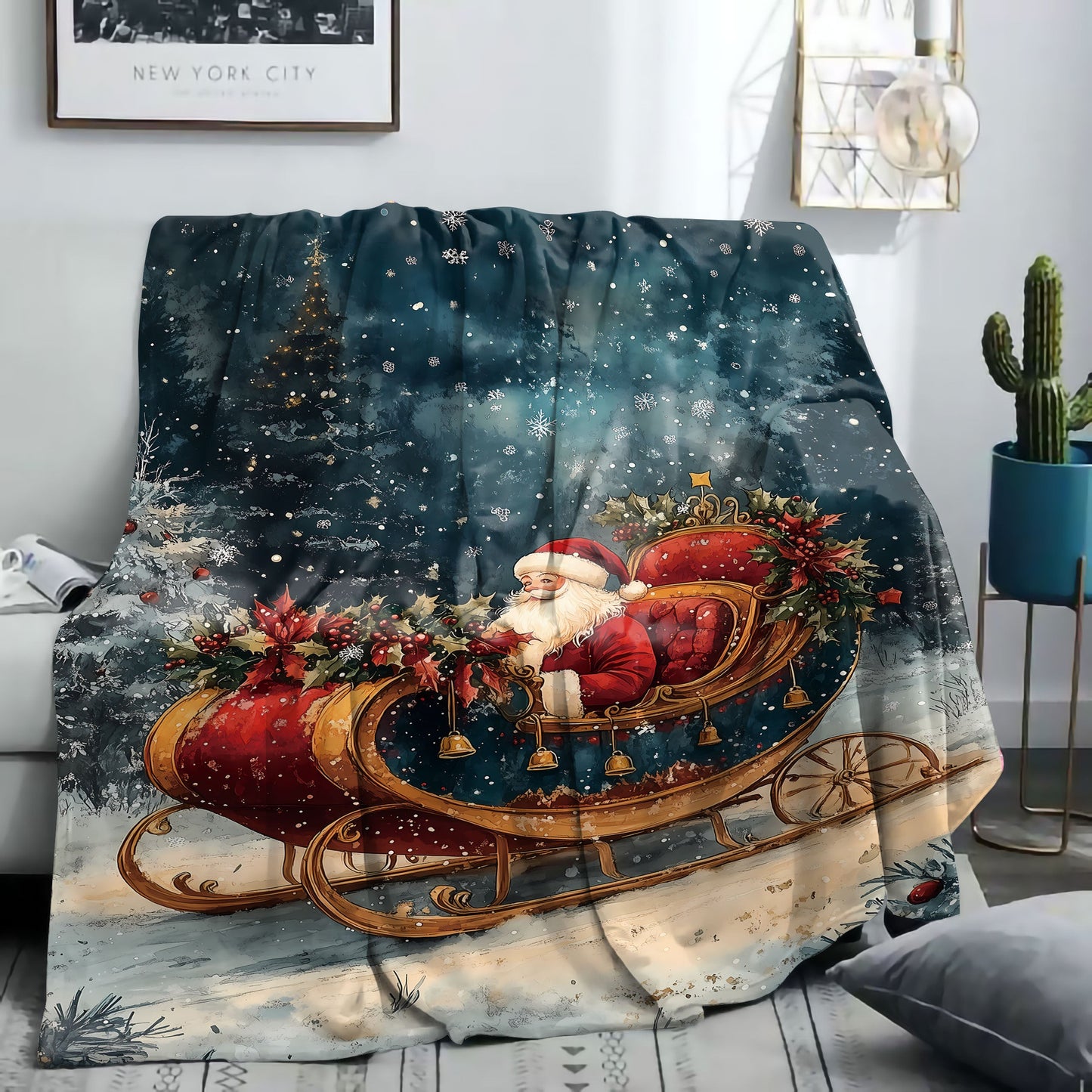 Stay warm and cozy with our Christmas-themed soft flannel throw blanket featuring Santa in his sleigh and a festive wreath design. Made with cozy polyester material, this knitted blanket is perfect for all seasons and provides comfort for use on your