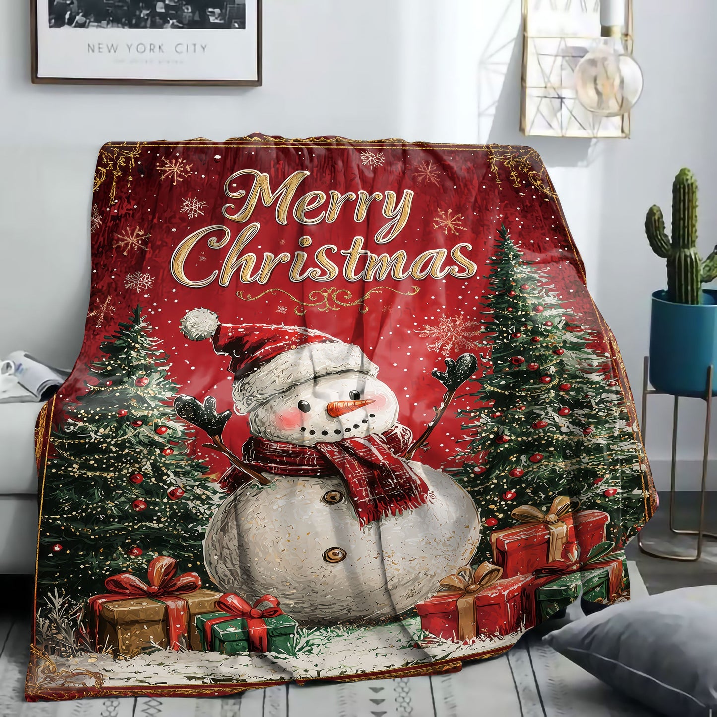 Stay cozy and stylish with this Mid-Century inspired Merry Christmas Snowman Flannel Throw Blanket. Made from soft polyester knit, this all-season blanket is perfect for bed, sofa, office or camping. Featuring a festive digital print, this lightweight