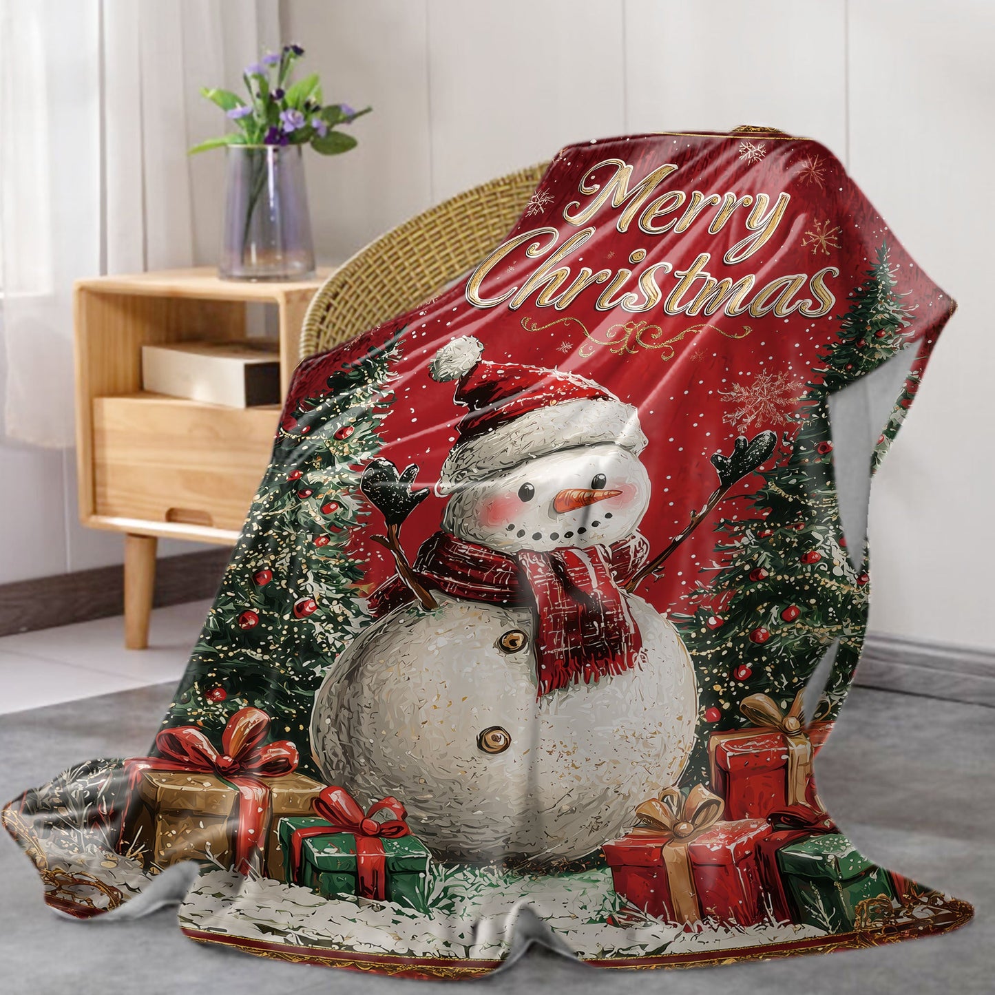 Stay cozy and stylish with this Mid-Century inspired Merry Christmas Snowman Flannel Throw Blanket. Made from soft polyester knit, this all-season blanket is perfect for bed, sofa, office or camping. Featuring a festive digital print, this lightweight