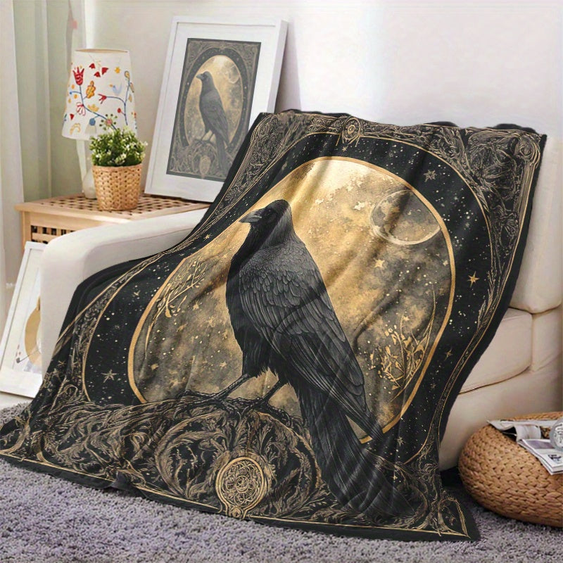 Charming Crow Digital Print Flannel Fleece Throw Blanket - Soft and Cozy Polyester Knitted Nap, Perfect for All Seasons - Ideal for Camping, Travel, Office, and Home Decoration - Easy to Clean in the Washing Machine - Features Fantasy Theme, Versatile