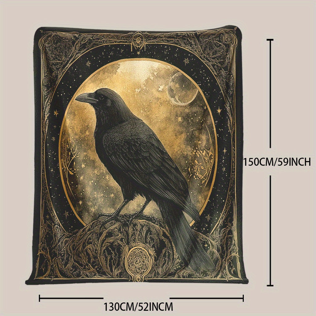 Charming Crow Digital Print Flannel Fleece Throw Blanket - Soft and Cozy Polyester Knitted Nap, Perfect for All Seasons - Ideal for Camping, Travel, Office, and Home Decoration - Easy to Clean in the Washing Machine - Features Fantasy Theme, Versatile