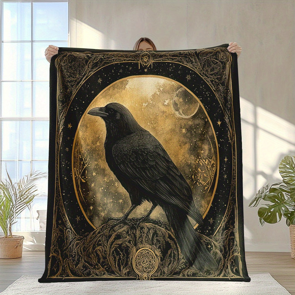 Charming Crow Digital Print Flannel Fleece Throw Blanket - Soft and Cozy Polyester Knitted Nap, Perfect for All Seasons - Ideal for Camping, Travel, Office, and Home Decoration - Easy to Clean in the Washing Machine - Features Fantasy Theme, Versatile