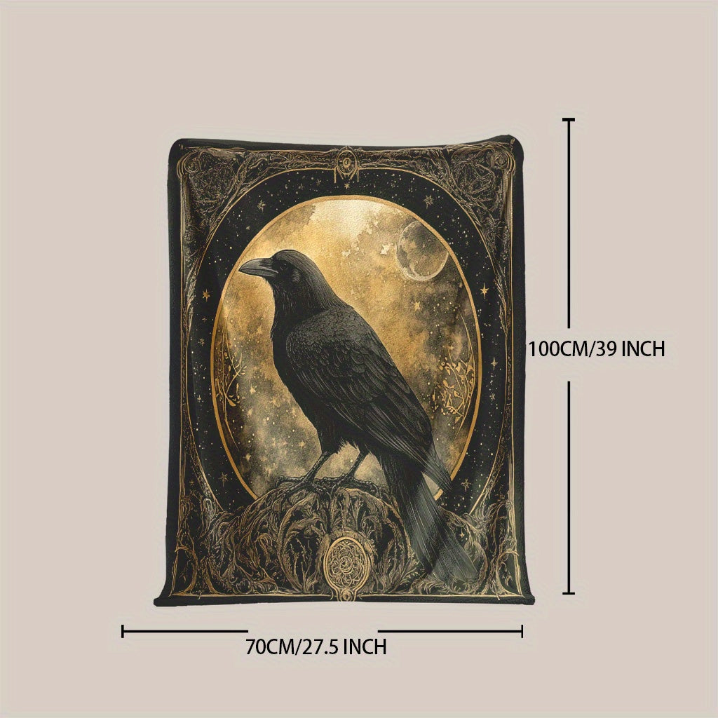 Charming Crow Digital Print Flannel Fleece Throw Blanket - Soft and Cozy Polyester Knitted Nap, Perfect for All Seasons - Ideal for Camping, Travel, Office, and Home Decoration - Easy to Clean in the Washing Machine - Features Fantasy Theme, Versatile