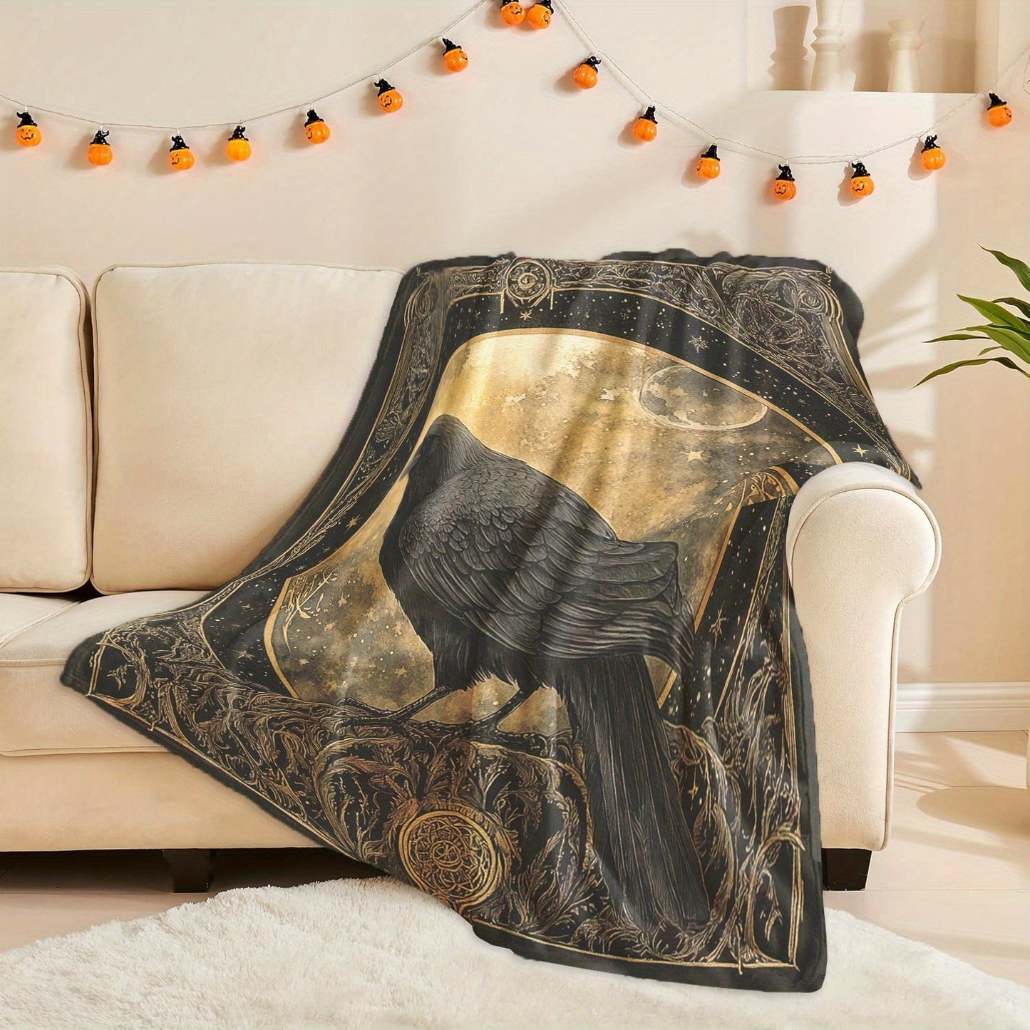 Charming Crow Digital Print Flannel Fleece Throw Blanket - Soft and Cozy Polyester Knitted Nap, Perfect for All Seasons - Ideal for Camping, Travel, Office, and Home Decoration - Easy to Clean in the Washing Machine - Features Fantasy Theme, Versatile