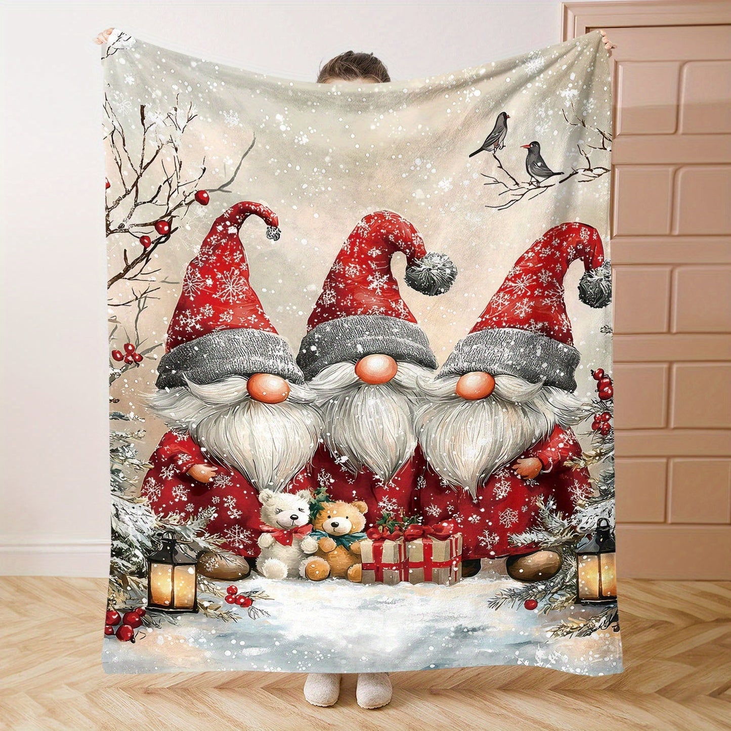 Soft flannel throw blanket with mid-century festive dwarf print - made from digital print polyester knit, offering all-season comfort for use on the bed, sofa, office, or when camping.