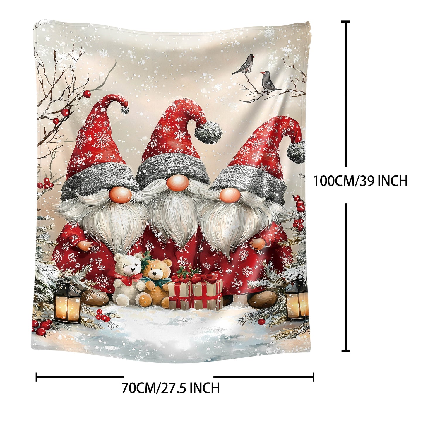 Soft flannel throw blanket with mid-century festive dwarf print - made from digital print polyester knit, offering all-season comfort for use on the bed, sofa, office, or when camping.