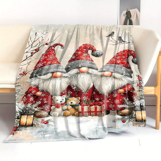 Soft flannel throw blanket with mid-century festive dwarf print - made from digital print polyester knit, offering all-season comfort for use on the bed, sofa, office, or when camping.