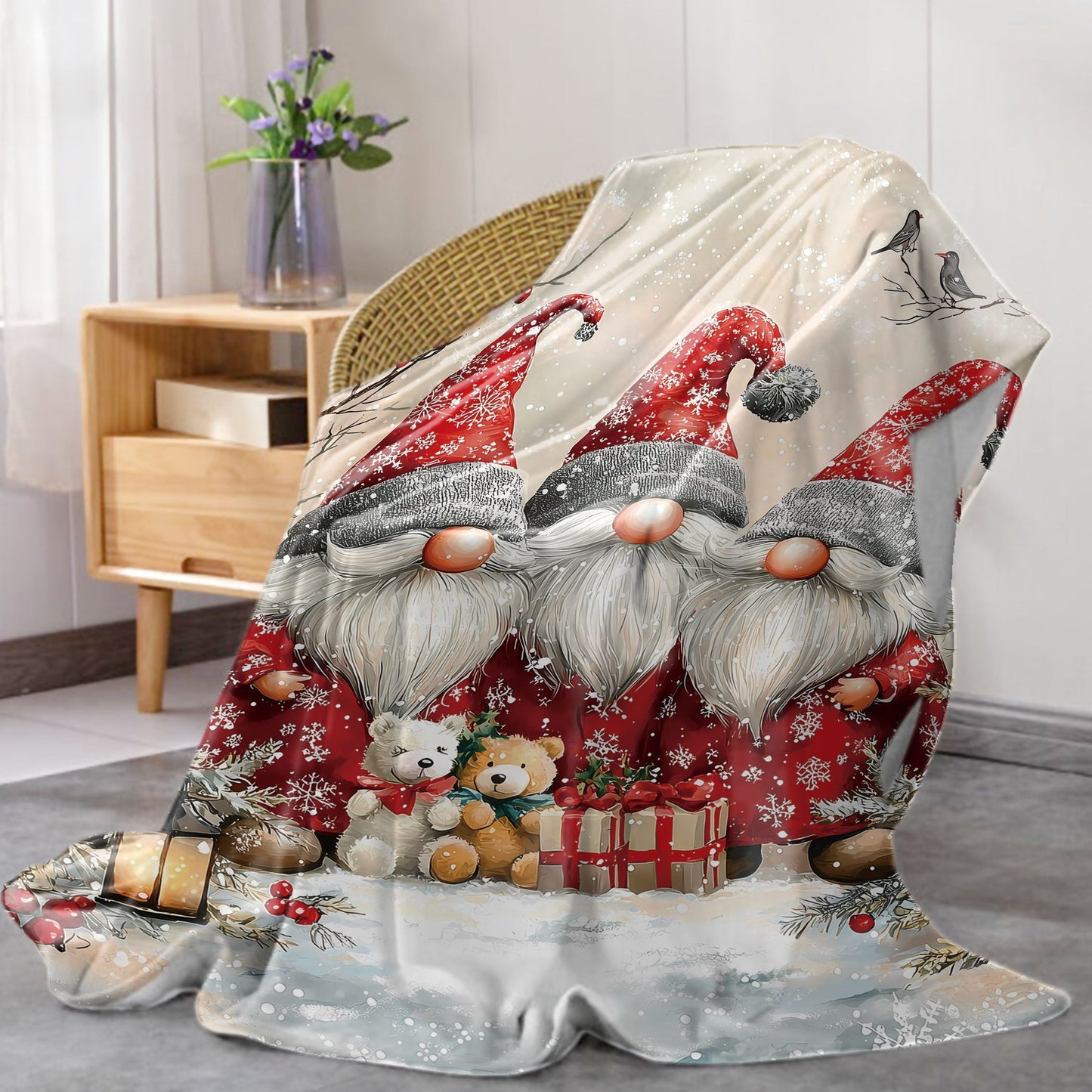 Soft flannel throw blanket with mid-century festive dwarf print - made from digital print polyester knit, offering all-season comfort for use on the bed, sofa, office, or when camping.