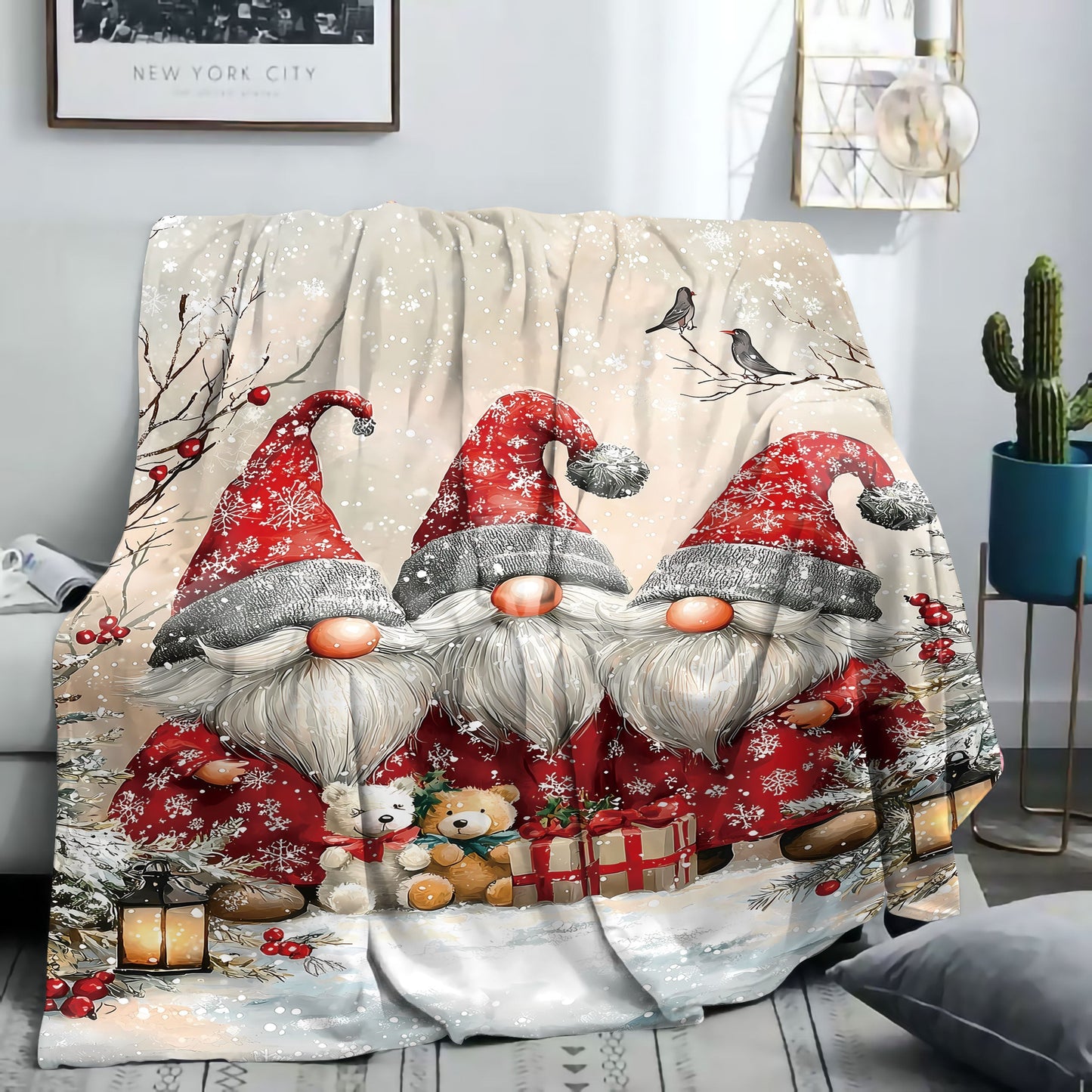 Soft flannel throw blanket with mid-century festive dwarf print - made from digital print polyester knit, offering all-season comfort for use on the bed, sofa, office, or when camping.