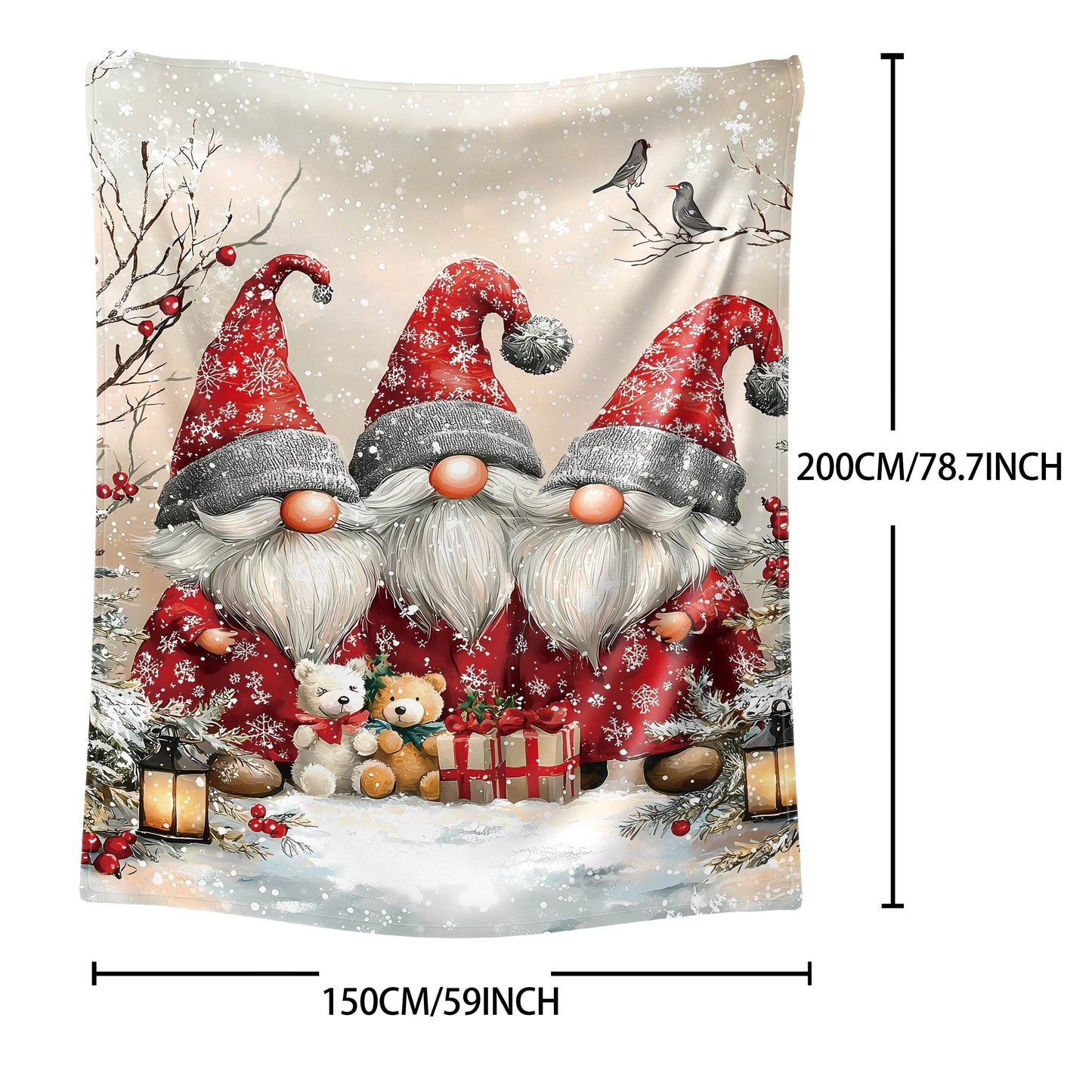 Soft flannel throw blanket with mid-century festive dwarf print - made from digital print polyester knit, offering all-season comfort for use on the bed, sofa, office, or when camping.