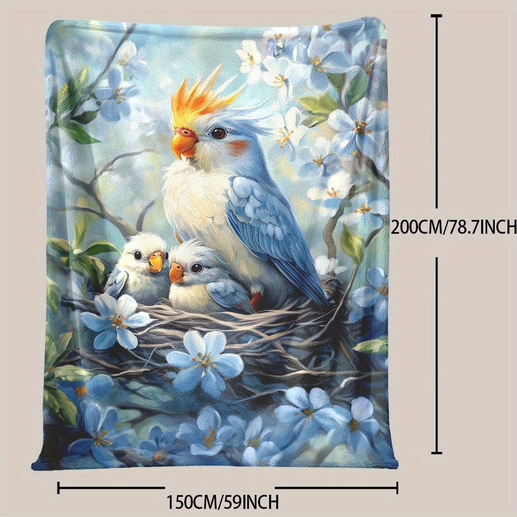 One piece of Fashion Parrot and Baby Print Knitted Polyester Fleece Blanket, designed for softness and warmth. Features a digital print, envelope stitch, and weighs 200-250g. Perfect for all seasons and various uses such as naps, camping, travel, car