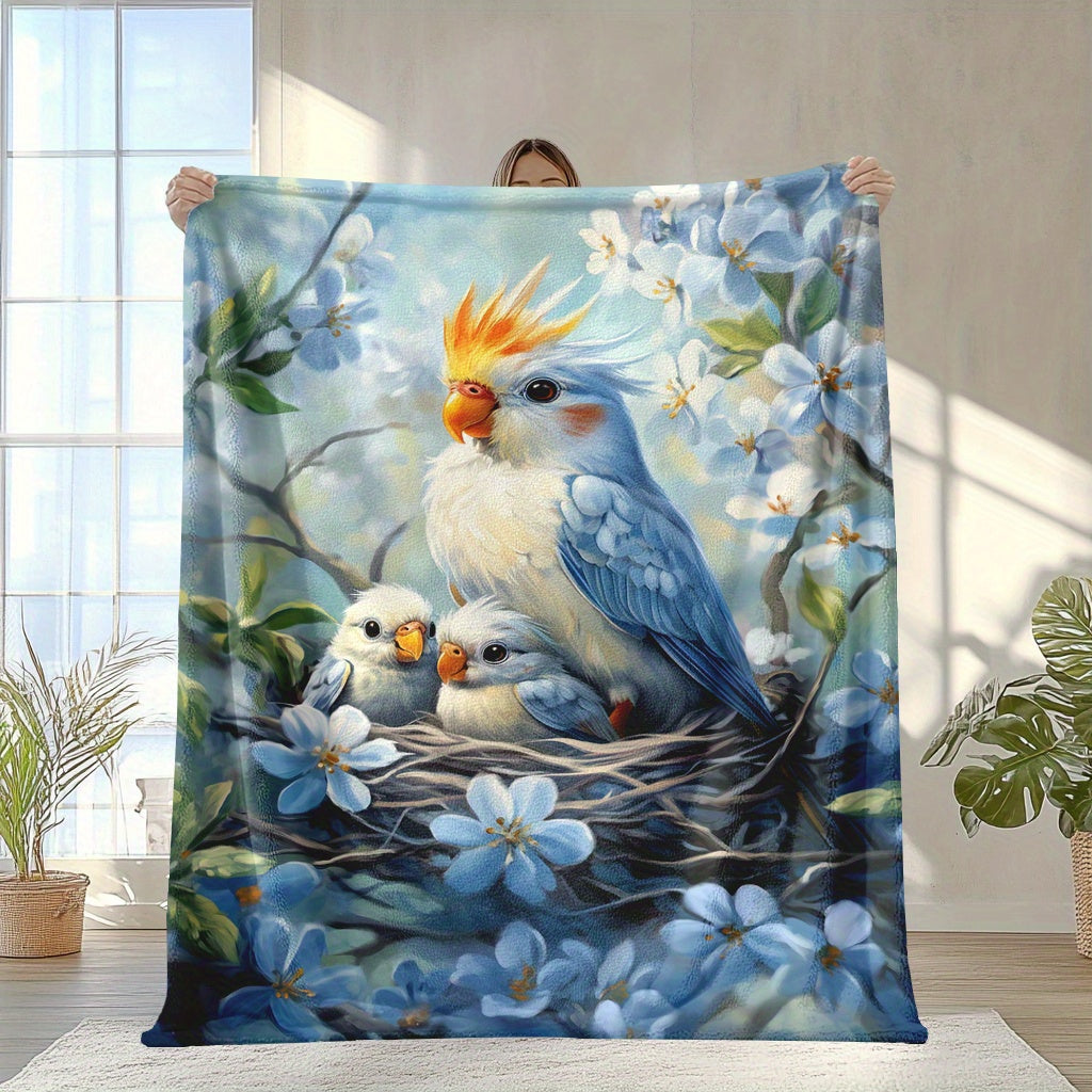 One piece of Fashion Parrot and Baby Print Knitted Polyester Fleece Blanket, designed for softness and warmth. Features a digital print, envelope stitch, and weighs 200-250g. Perfect for all seasons and various uses such as naps, camping, travel, car