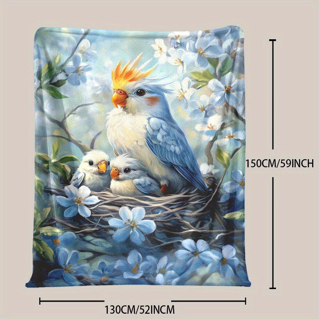 One piece of Fashion Parrot and Baby Print Knitted Polyester Fleece Blanket, designed for softness and warmth. Features a digital print, envelope stitch, and weighs 200-250g. Perfect for all seasons and various uses such as naps, camping, travel, car