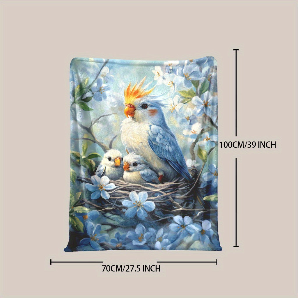 One piece of Fashion Parrot and Baby Print Knitted Polyester Fleece Blanket, designed for softness and warmth. Features a digital print, envelope stitch, and weighs 200-250g. Perfect for all seasons and various uses such as naps, camping, travel, car