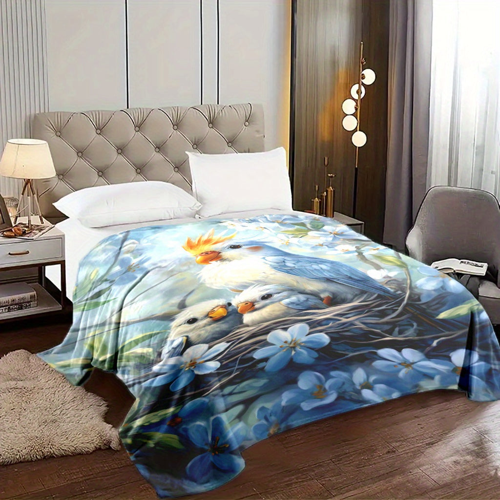 One piece of Fashion Parrot and Baby Print Knitted Polyester Fleece Blanket, designed for softness and warmth. Features a digital print, envelope stitch, and weighs 200-250g. Perfect for all seasons and various uses such as naps, camping, travel, car