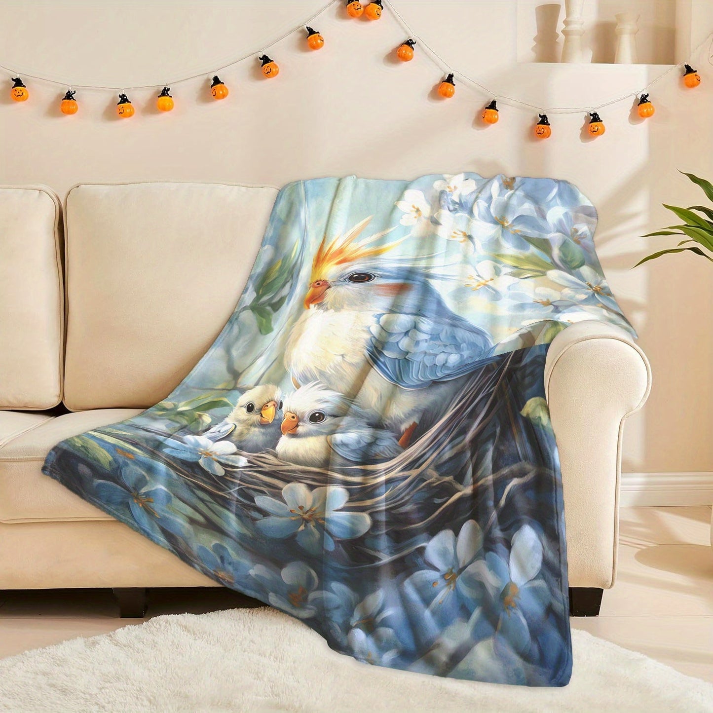 One piece of Fashion Parrot and Baby Print Knitted Polyester Fleece Blanket, designed for softness and warmth. Features a digital print, envelope stitch, and weighs 200-250g. Perfect for all seasons and various uses such as naps, camping, travel, car