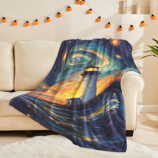 One-piece Glam Style Lighthouse and Phantom Starry Sky Print Throw Blanket made of Soft and Warm Knitted Polyester. Machine Washable, Suitable for All Seasons. Can be used for Naps, Camping, Travel, Office, and Home Decor with a Fantasy Theme.