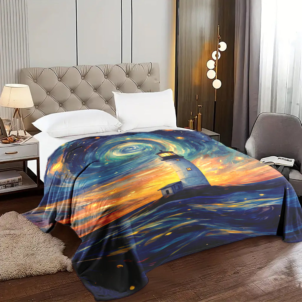 One-piece Glam Style Lighthouse and Phantom Starry Sky Print Throw Blanket made of Soft and Warm Knitted Polyester. Machine Washable, Suitable for All Seasons. Can be used for Naps, Camping, Travel, Office, and Home Decor with a Fantasy Theme.