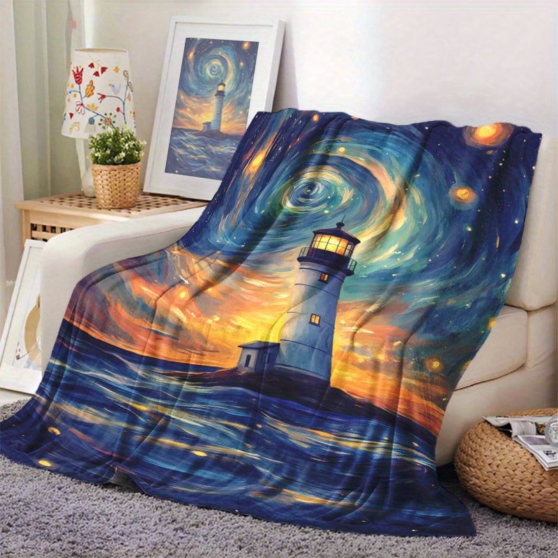 One-piece Glam Style Lighthouse and Phantom Starry Sky Print Throw Blanket made of Soft and Warm Knitted Polyester. Machine Washable, Suitable for All Seasons. Can be used for Naps, Camping, Travel, Office, and Home Decor with a Fantasy Theme.