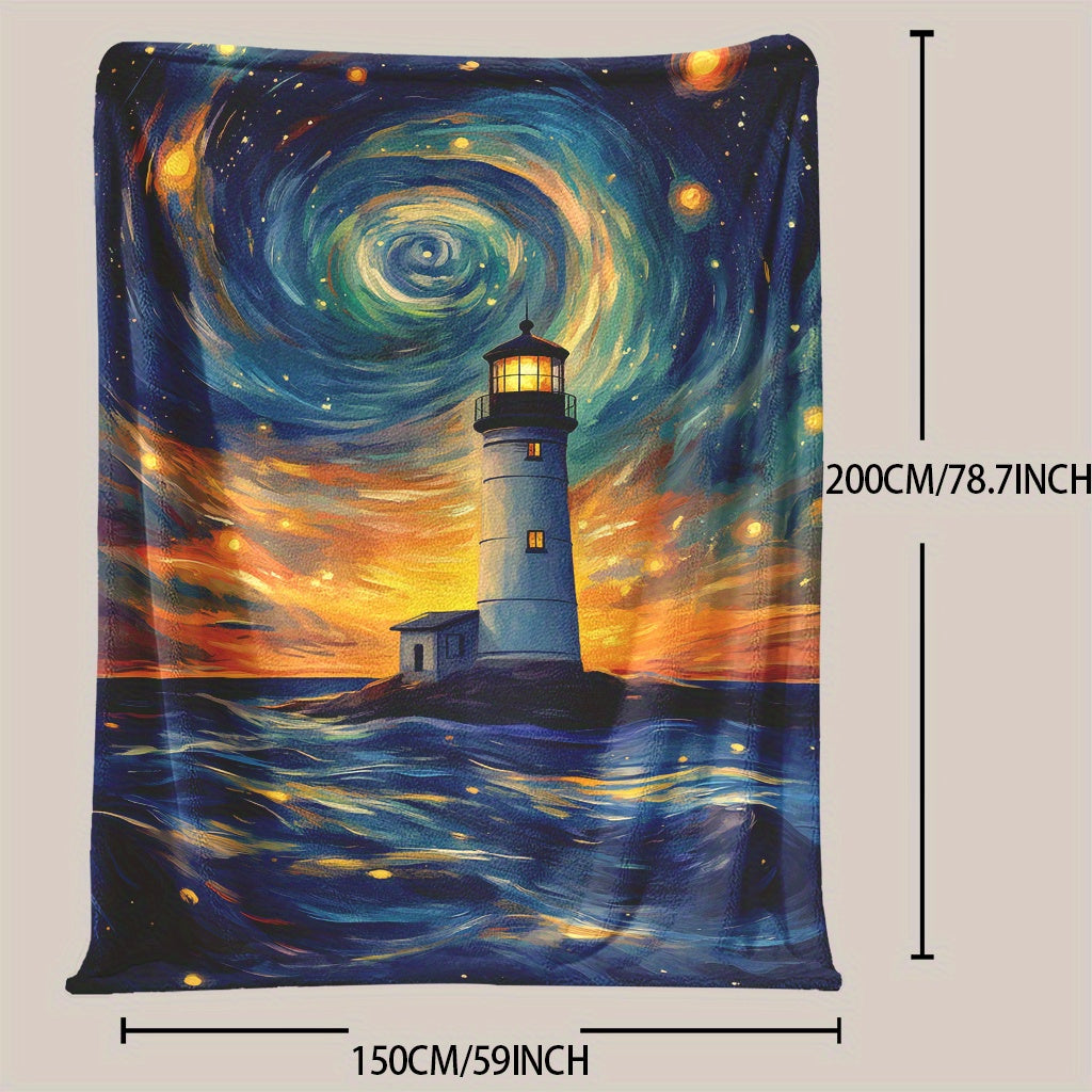 One-piece Glam Style Lighthouse and Phantom Starry Sky Print Throw Blanket made of Soft and Warm Knitted Polyester. Machine Washable, Suitable for All Seasons. Can be used for Naps, Camping, Travel, Office, and Home Decor with a Fantasy Theme.