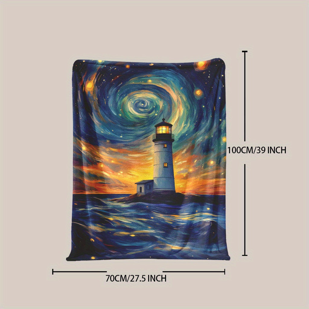 One-piece Glam Style Lighthouse and Phantom Starry Sky Print Throw Blanket made of Soft and Warm Knitted Polyester. Machine Washable, Suitable for All Seasons. Can be used for Naps, Camping, Travel, Office, and Home Decor with a Fantasy Theme.