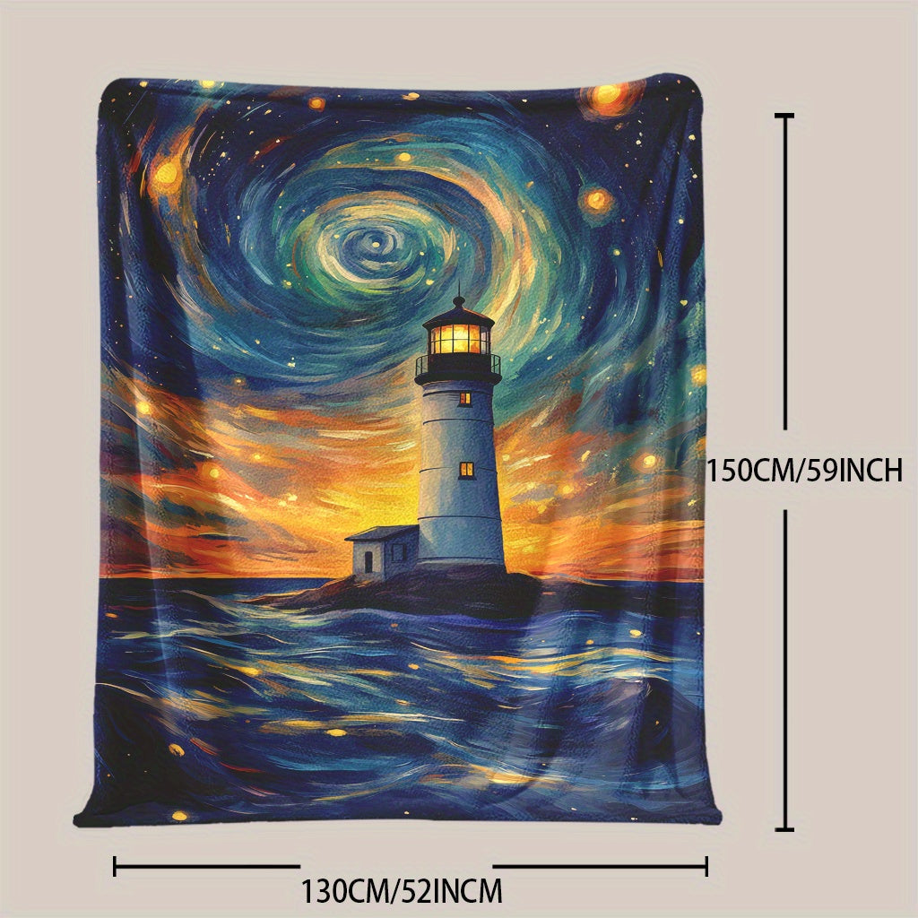 One-piece Glam Style Lighthouse and Phantom Starry Sky Print Throw Blanket made of Soft and Warm Knitted Polyester. Machine Washable, Suitable for All Seasons. Can be used for Naps, Camping, Travel, Office, and Home Decor with a Fantasy Theme.