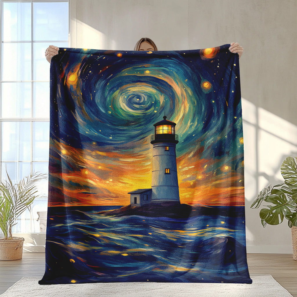 One-piece Glam Style Lighthouse and Phantom Starry Sky Print Throw Blanket made of Soft and Warm Knitted Polyester. Machine Washable, Suitable for All Seasons. Can be used for Naps, Camping, Travel, Office, and Home Decor with a Fantasy Theme.