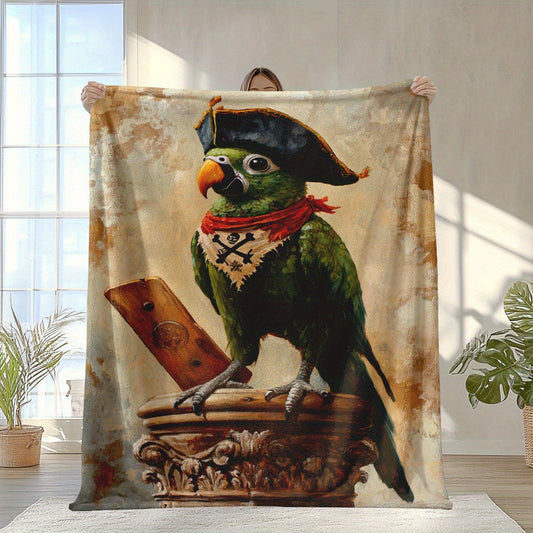 Fleece Blanket with Pirate Parrot Print, 1 Piece, Soft and Cozy, Digital Print on Polyester, Engraved Design, Colorful, Suitable for All Seasons, Perfect for Napping, Camping, Traveling, Using in the Car, Office, or as Home Decor, Easily Washable in the